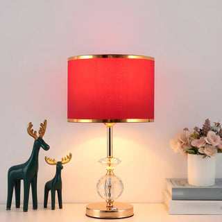 Stylish Red Fabric Drum Shade Crystal Base Table Lamp Zawala Image - 2