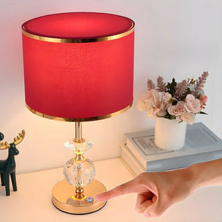Stylish Red Fabric Drum Shade Crystal Base Table Lamp Zawala Image - 5