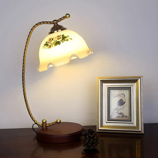 Golden Antique Flower Glass Shade Curved Arm Table Lamp Zawala Image - 1