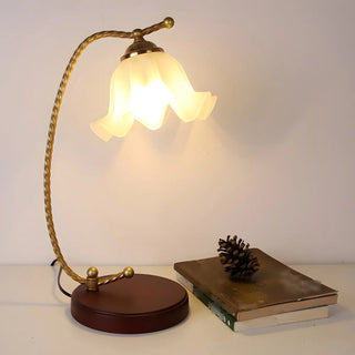 Golden Antique Flower Glass Shade Curved Arm Table Lamp Zawala Image - 2