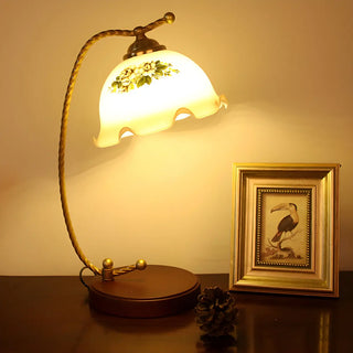 Golden Antique Flower Glass Shade Curved Arm Table Lamp Zawala Image - 4