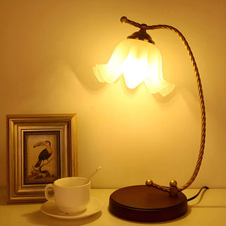 Golden Antique Flower Glass Shade Curved Arm Table Lamp Zawala Image - 5