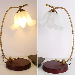 Golden Antique Flower Glass Shade Curved Arm Table Lamp Zawala Image - 7