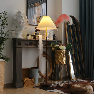 Vintage Walnut Metal Floor Lamp with Pleated Shade Zawala Image - 3