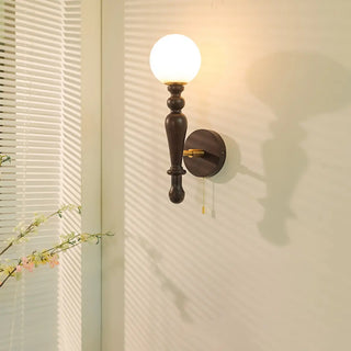 Vintage Globe Black Wood Wall Light with Pull Chain Zawala Image - 1