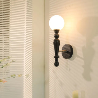 Vintage Globe Black Wood Wall Light with Pull Chain Zawala Image - 2