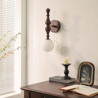 Vintage Globe Black Wood Wall Light with Pull Chain Zawala Image - 4