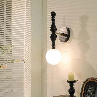Vintage Globe Black Wood Wall Light with Pull Chain Zawala Image - 5