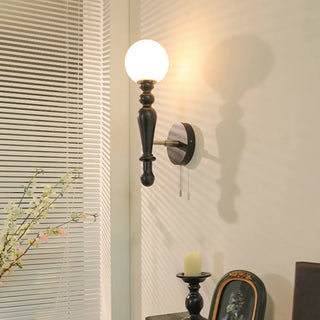 Vintage Globe Black Wood Wall Light with Pull Chain Zawala Image - 8