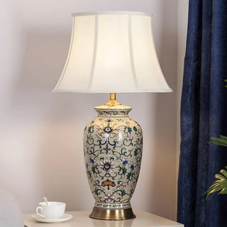 Modern White Drum Fabric Ceramic Vase Base Table Lamp Zawala Image - 4