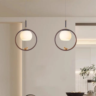 Modern Dining Room Walnut Circular Bird Pendant Light Zawala Image - 3