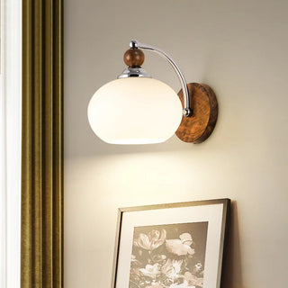 Walnut Wood Drum White Frosted Glass Wall Sconce Zawala Image - 1