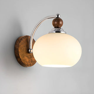 Walnut Wood Drum White Frosted Glass Wall Sconce Zawala Image - 2