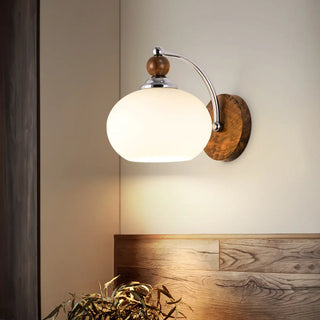 Walnut Wood Drum White Frosted Glass Wall Sconce Zawala Image - 5