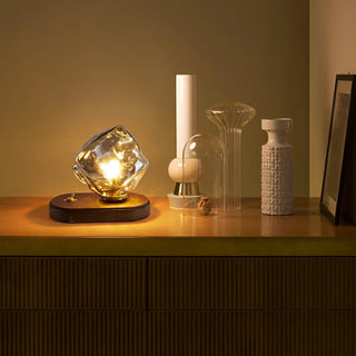 Artistic Amber Glass Shade Natural Wood Base Table Lamp Zawala Image - 1