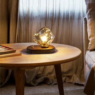 Artistic Amber Glass Shade Natural Wood Base Table Lamp Zawala Image - 2