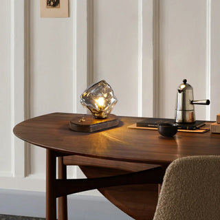 Artistic Amber Glass Shade Natural Wood Base Table Lamp Zawala Image - 3