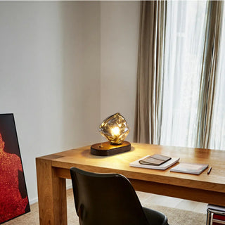Artistic Amber Glass Shade Natural Wood Base Table Lamp Zawala Image - 4