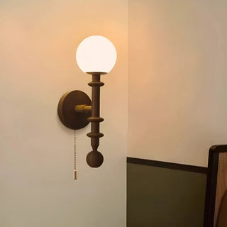 Walnut Wood Globe Glass Wall Sconce with Pull Chain Zawala Image - 2