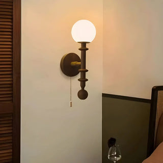 Walnut Wood Globe Glass Wall Sconce with Pull Chain Zawala Image - 6