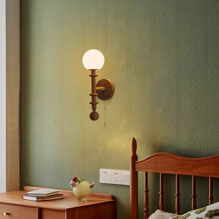 Walnut Wood Globe Glass Wall Sconce with Pull Chain Zawala Image - 7