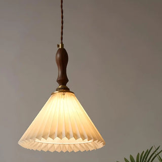 Modern Wooden Beige Pleated Fabric Cone Pendant Light Zawala Image - 1
