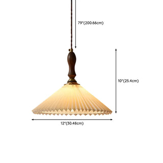 Modern Wooden Beige Pleated Fabric Cone Pendant Light Zawala Image - 12