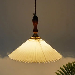 Modern Wooden Beige Pleated Fabric Cone Pendant Light Zawala Image - 2