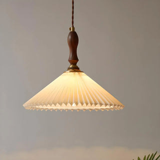 Modern Wooden Beige Pleated Fabric Cone Pendant Light Zawala Image - 3