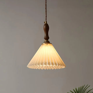 Modern Wooden Beige Pleated Fabric Cone Pendant Light Zawala Image - 4