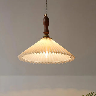 Modern Wooden Beige Pleated Fabric Cone Pendant Light Zawala Image - 5
