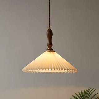 Modern Wooden Beige Pleated Fabric Cone Pendant Light Zawala Image - 6
