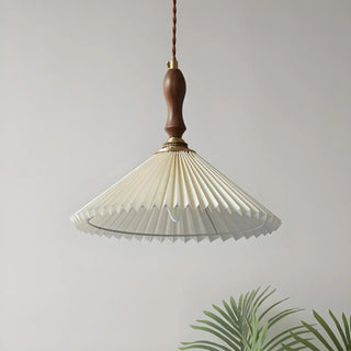 Modern Wooden Beige Pleated Fabric Cone Pendant Light Zawala Image - 7