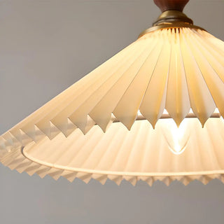 Modern Wooden Beige Pleated Fabric Cone Pendant Light Zawala Image - 8