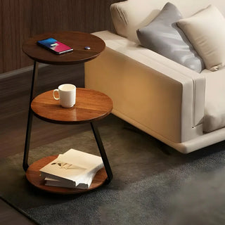 Modern Bedside Round Wooden Floor Lamp with Shelves Zawala Image - 1