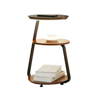 Modern Bedside Round Wooden Floor Lamp with Shelves Zawala Image - 10