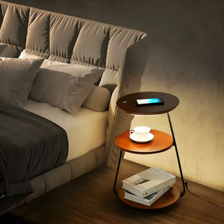 Modern Bedside Round Wooden Floor Lamp with Shelves Zawala Image - 2