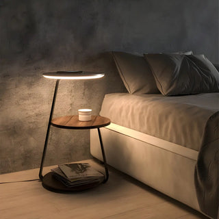 Modern Bedside Round Wooden Floor Lamp with Shelves Zawala Image - 3