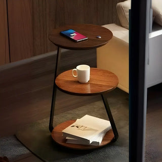 Modern Bedside Round Wooden Floor Lamp with Shelves Zawala Image - 4