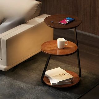 Modern Bedside Round Wooden Floor Lamp with Shelves Zawala Image - 5