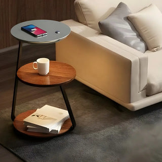 Modern Bedside Round Wooden Floor Lamp with Shelves Zawala Image - 6
