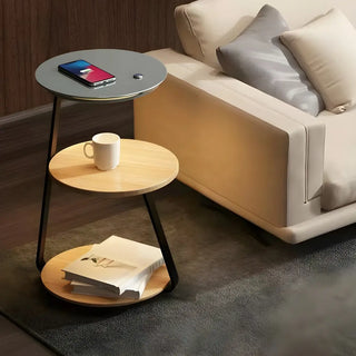 Modern Bedside Round Wooden Floor Lamp with Shelves Zawala Image - 7