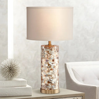 Modern White Drum Shade Chic Cylinder Base Table Lamp Zawala Image - 3