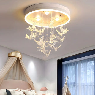 Romantic Bedroom Hanging Birds Drum Flush Mount Light Zawala Image - 1
