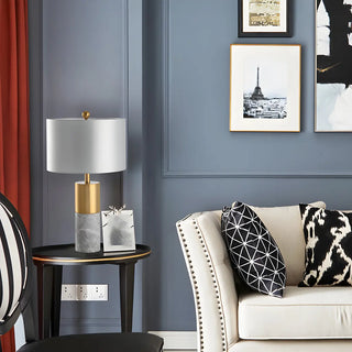 Modern Gold Accent Fabric Cylinder Marble Table Lamp Zawala Image - 3