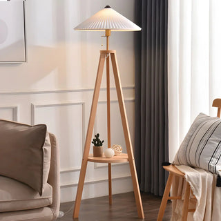 Pleated Cone Wooden Tripod Floor Lamp with Shelf Zawala Image - 1