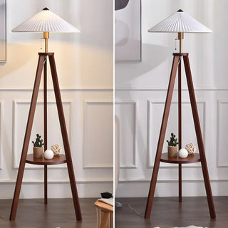 Pleated Cone Wooden Tripod Floor Lamp with Shelf Zawala Image - 10