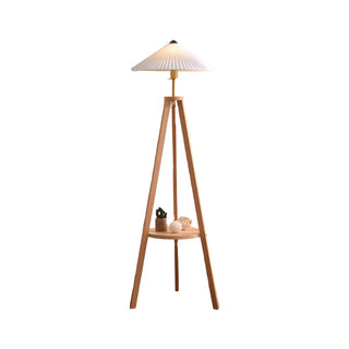 Pleated Cone Wooden Tripod Floor Lamp with Shelf Zawala Image - 11