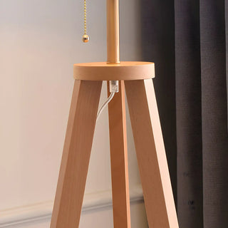 Pleated Cone Wooden Tripod Floor Lamp with Shelf Zawala Image - 12