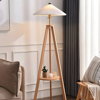 Pleated Cone Wooden Tripod Floor Lamp with Shelf Zawala Image - 2